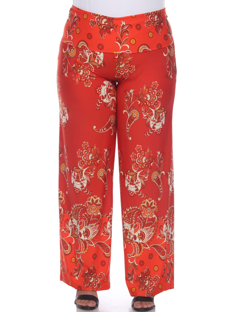 Front of a model wearing a size 4X Floral Paisley Printed Palazzo Pants in Red by White Mark. | dia_product_style_image_id:247207